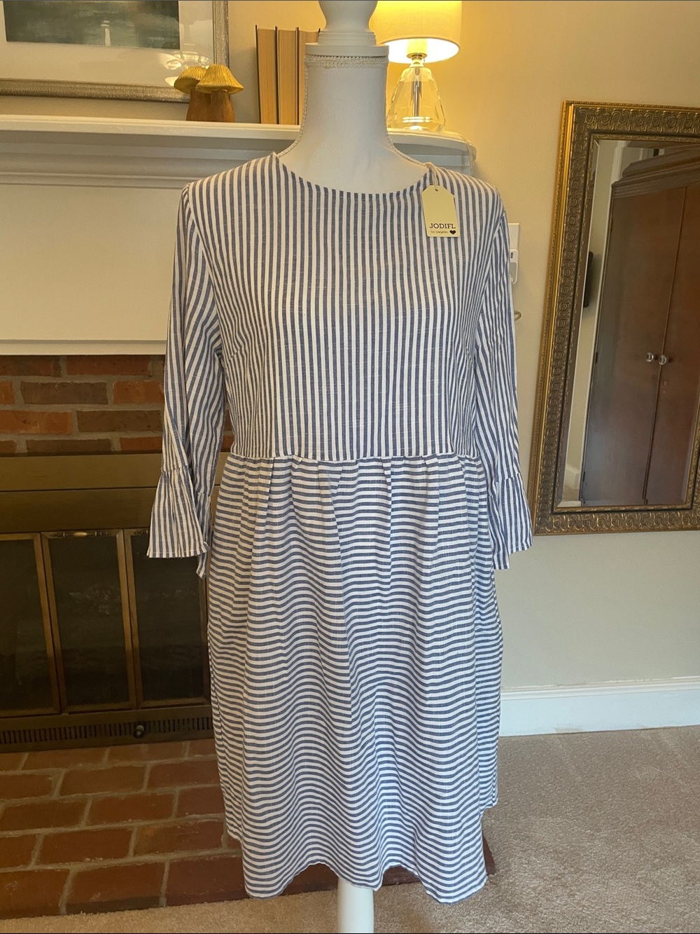 JODIFL Blue and White Striped Dress with Pockets